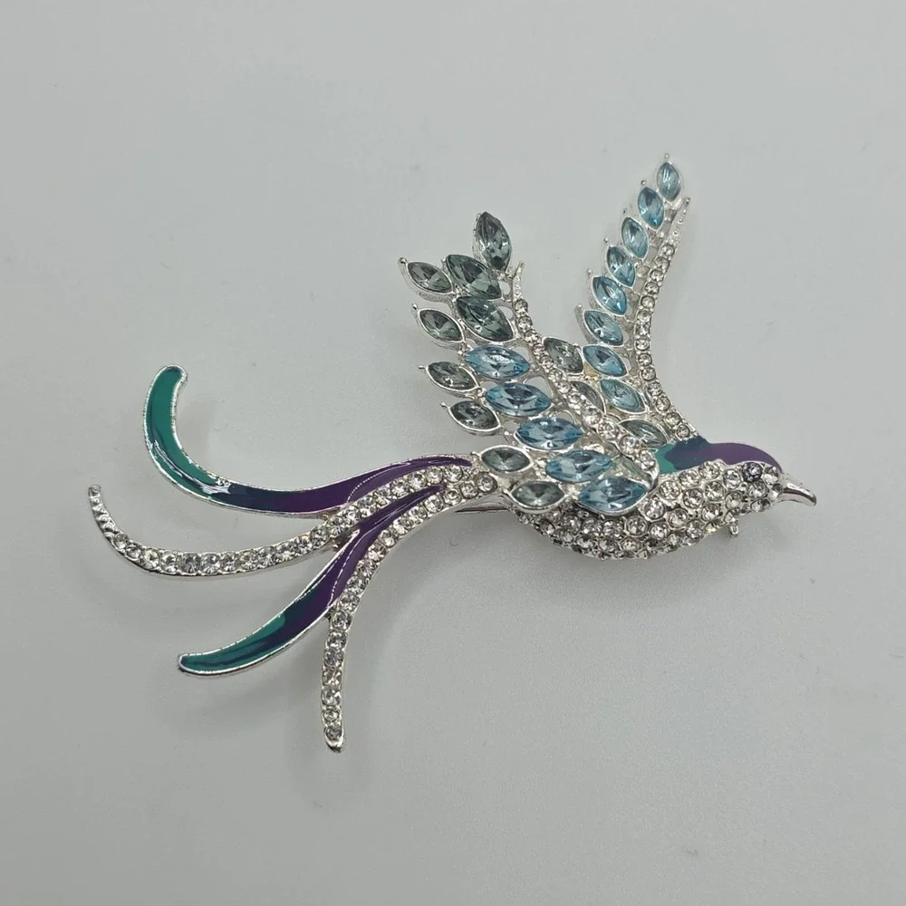 Anne Klein Signed Bird Brooch Silver Tone Blue Rhinestone Enamel